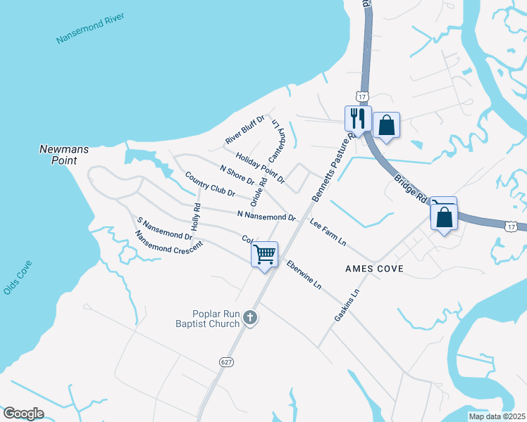 map of restaurants, bars, coffee shops, grocery stores, and more near 2840 North Nansemond Drive in Suffolk