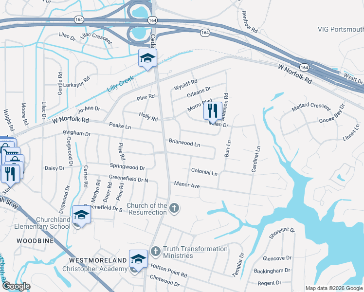 map of restaurants, bars, coffee shops, grocery stores, and more near 4940 Briarwood Lane in Portsmouth