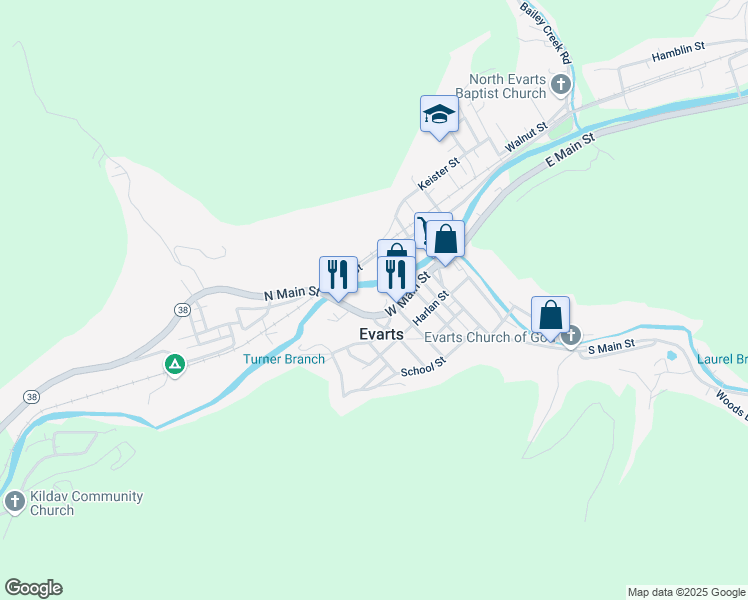 map of restaurants, bars, coffee shops, grocery stores, and more near 128 Nolan Street in Evarts