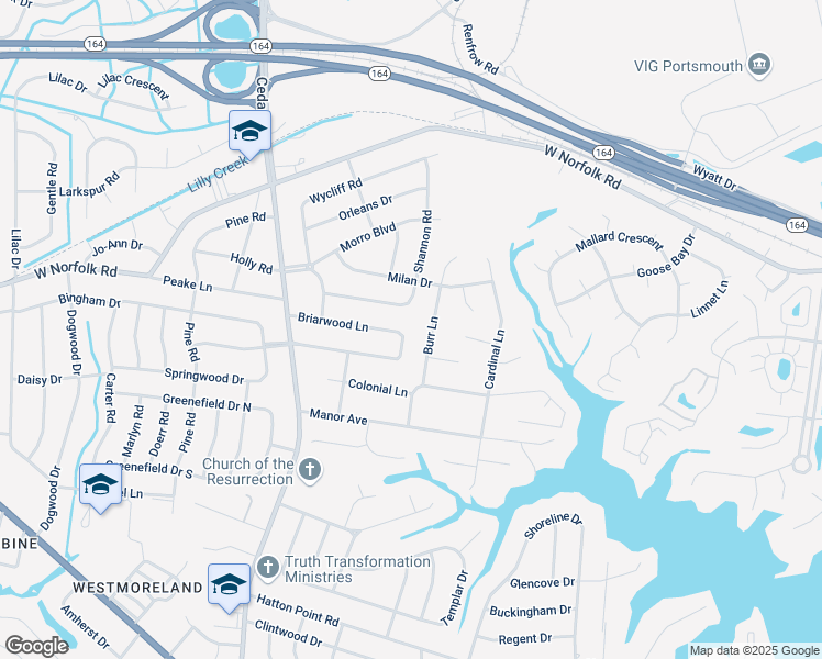 map of restaurants, bars, coffee shops, grocery stores, and more near 4935 Briarwood Lane in Portsmouth