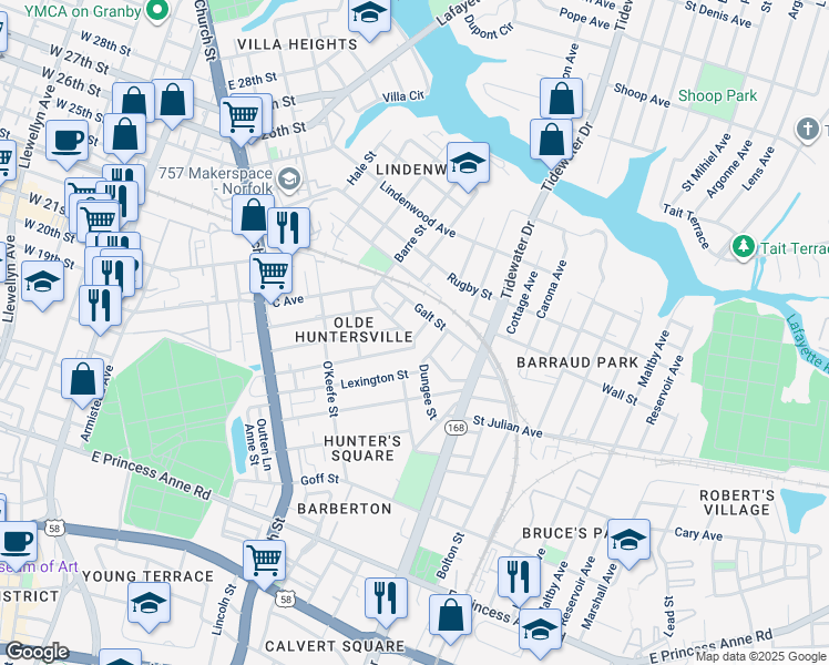 map of restaurants, bars, coffee shops, grocery stores, and more near 952 Sutton Street in Norfolk