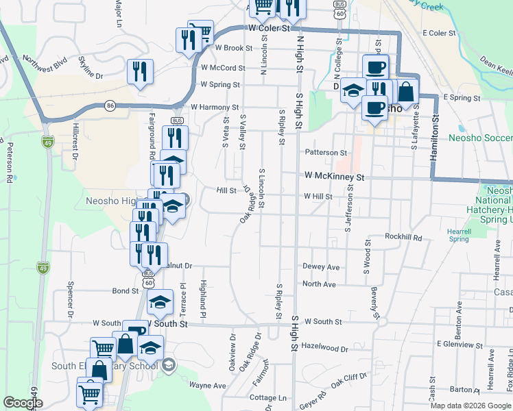 map of restaurants, bars, coffee shops, grocery stores, and more near 501-599 South Lincoln Street in Neosho
