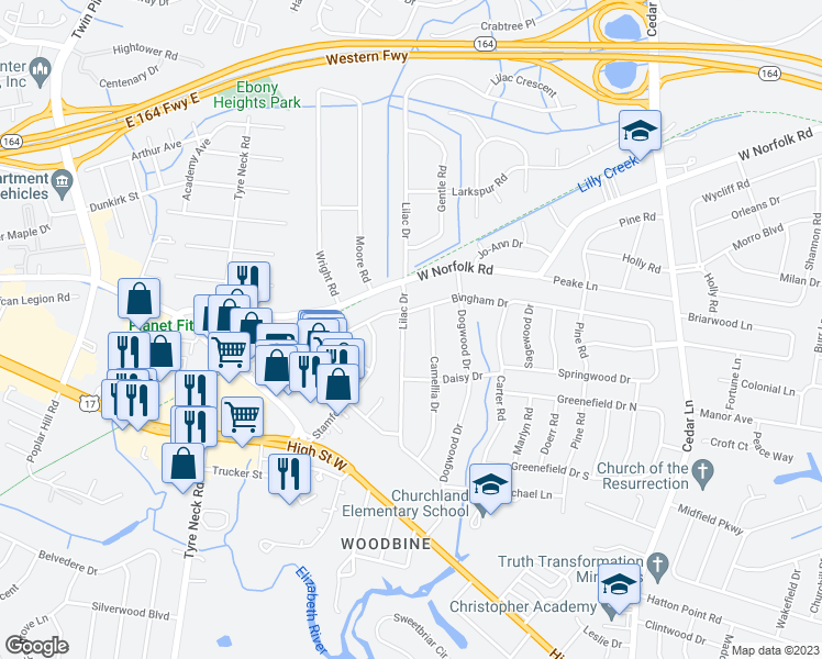 map of restaurants, bars, coffee shops, grocery stores, and more near 3311 Lilac Drive in Portsmouth