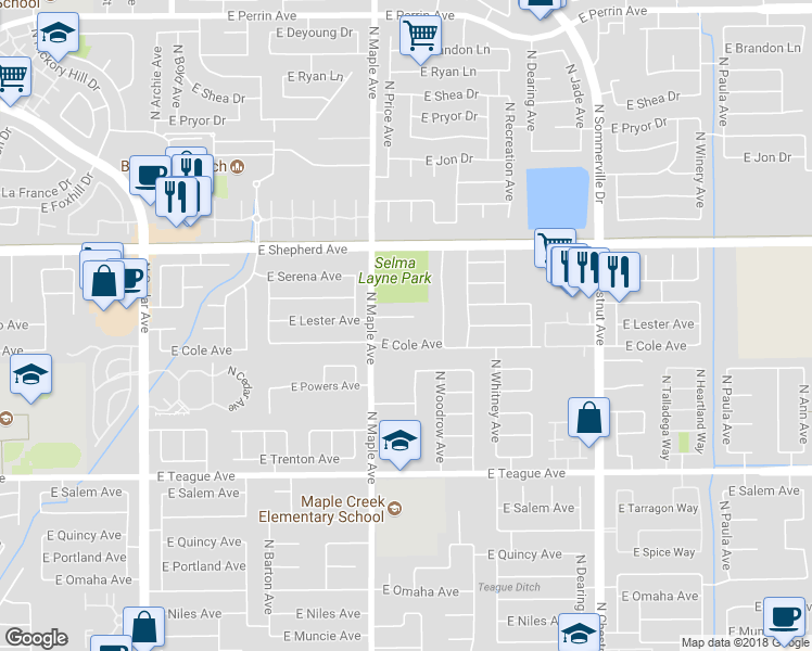 map of restaurants, bars, coffee shops, grocery stores, and more near 2057 East Lester Avenue in Fresno