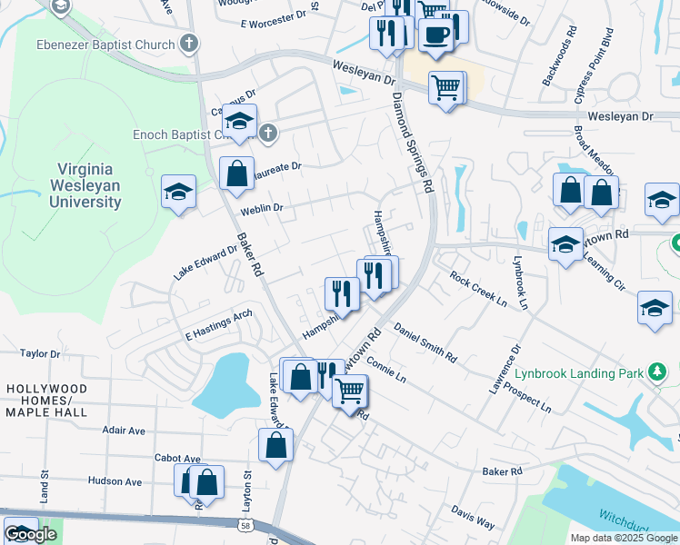 map of restaurants, bars, coffee shops, grocery stores, and more near 5600 Banbury Court in Virginia Beach