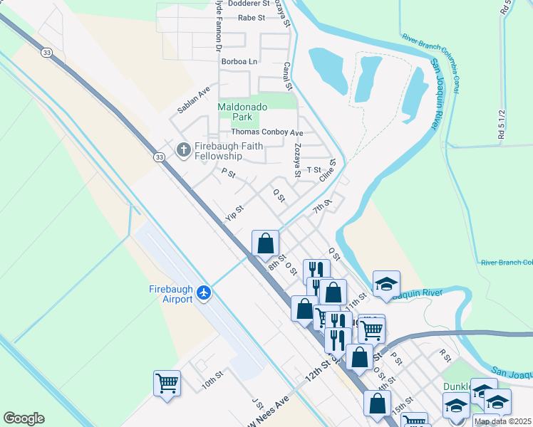 map of restaurants, bars, coffee shops, grocery stores, and more near 44 P Street in Firebaugh