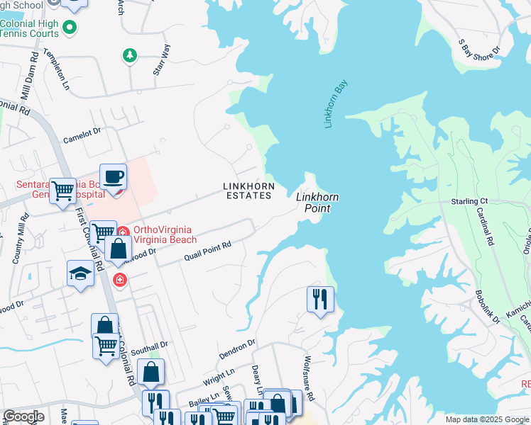 map of restaurants, bars, coffee shops, grocery stores, and more near 1548 Quail Point Road in Virginia Beach
