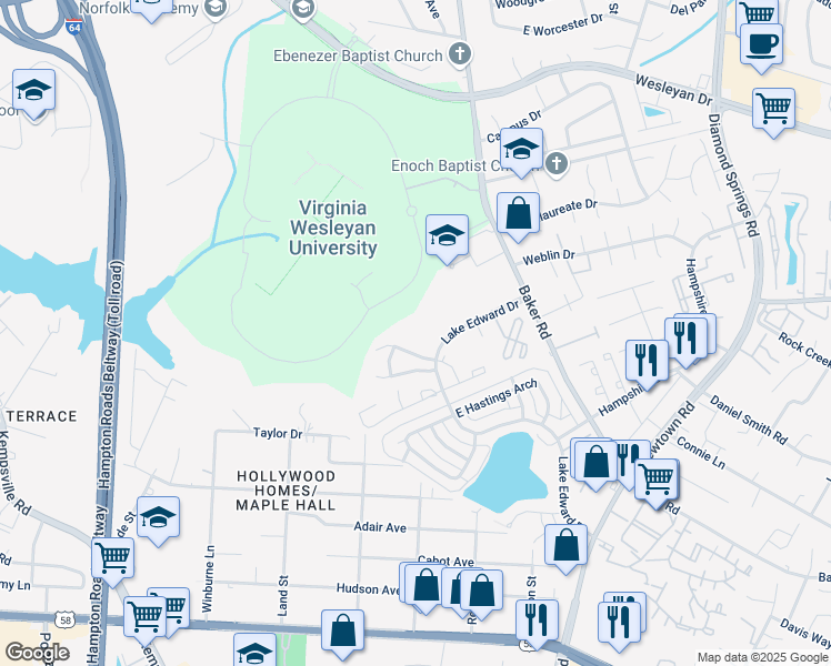 map of restaurants, bars, coffee shops, grocery stores, and more near 709 Barrison Way in Virginia Beach