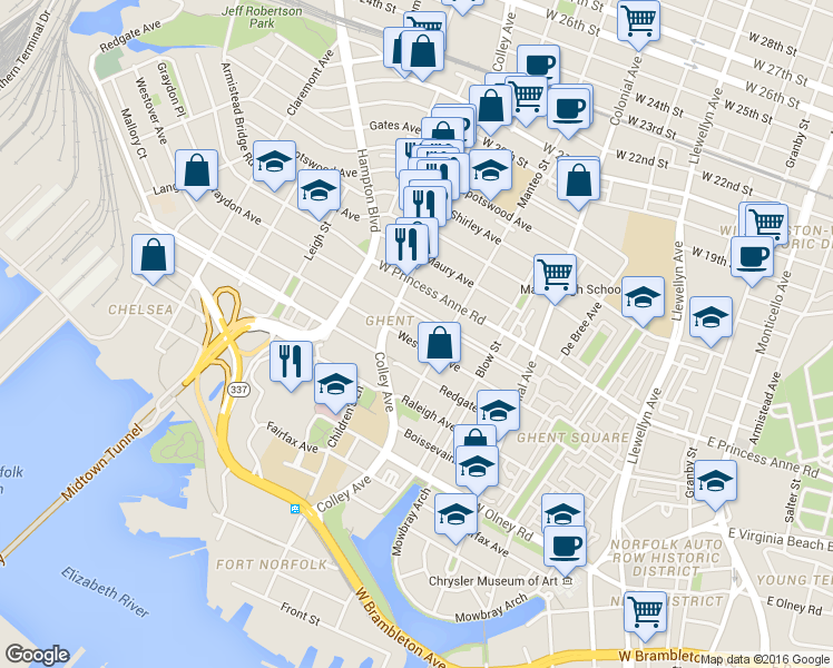 map of restaurants, bars, coffee shops, grocery stores, and more near 724 Westover Avenue in Norfolk