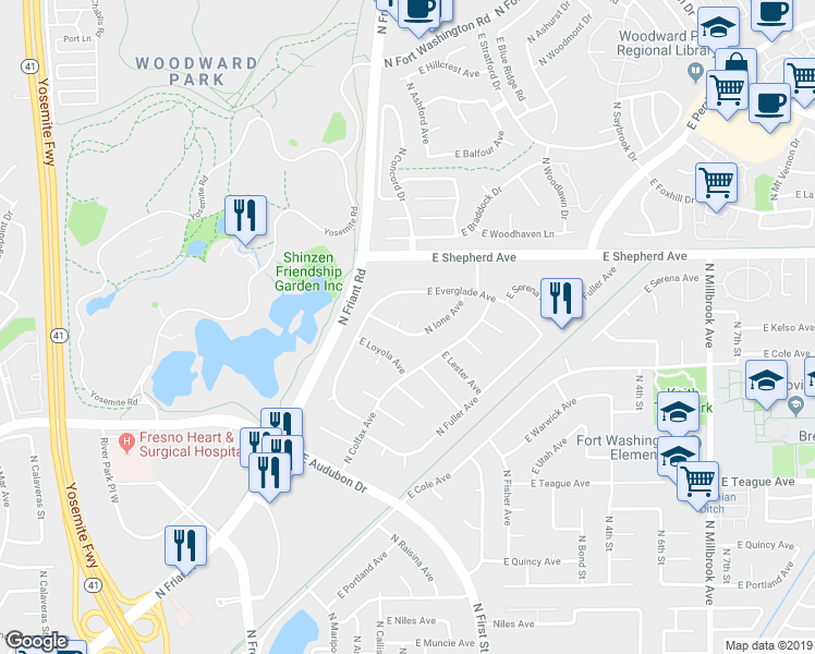 map of restaurants, bars, coffee shops, grocery stores, and more near 299 East Lester Avenue in Fresno