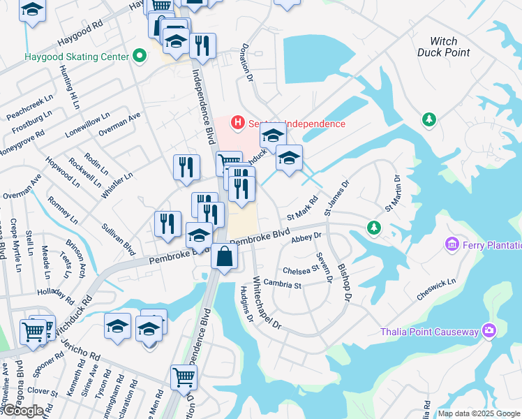 map of restaurants, bars, coffee shops, grocery stores, and more near 4504 Saint John Court in Virginia Beach