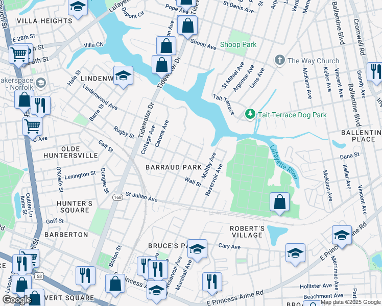 map of restaurants, bars, coffee shops, grocery stores, and more near 2401 Courtney Avenue in Norfolk