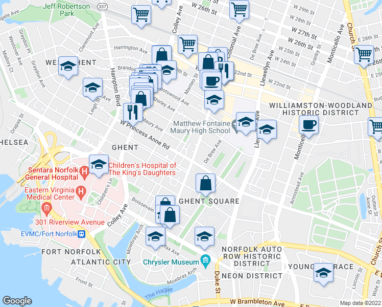 map of restaurants, bars, coffee shops, grocery stores, and more near 1207 Colonial Avenue in Norfolk