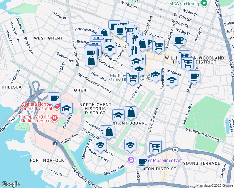 map of restaurants, bars, coffee shops, grocery stores, and more near 1207 Colonial Avenue in Norfolk