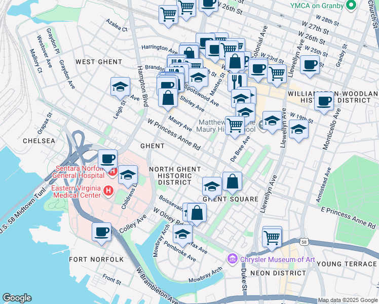 map of restaurants, bars, coffee shops, grocery stores, and more near 604 Graydon Avenue in Norfolk