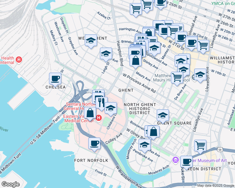 map of restaurants, bars, coffee shops, grocery stores, and more near 903 Colley Avenue in Norfolk