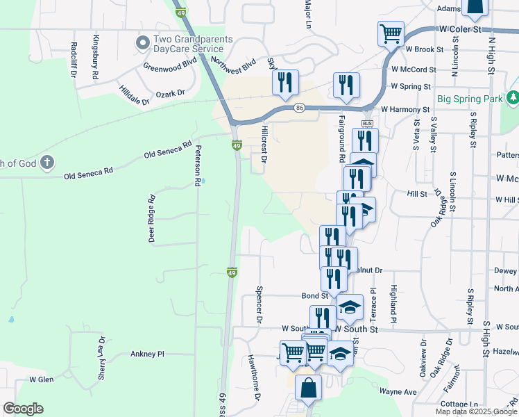 map of restaurants, bars, coffee shops, grocery stores, and more near Gayle Drive in Neosho