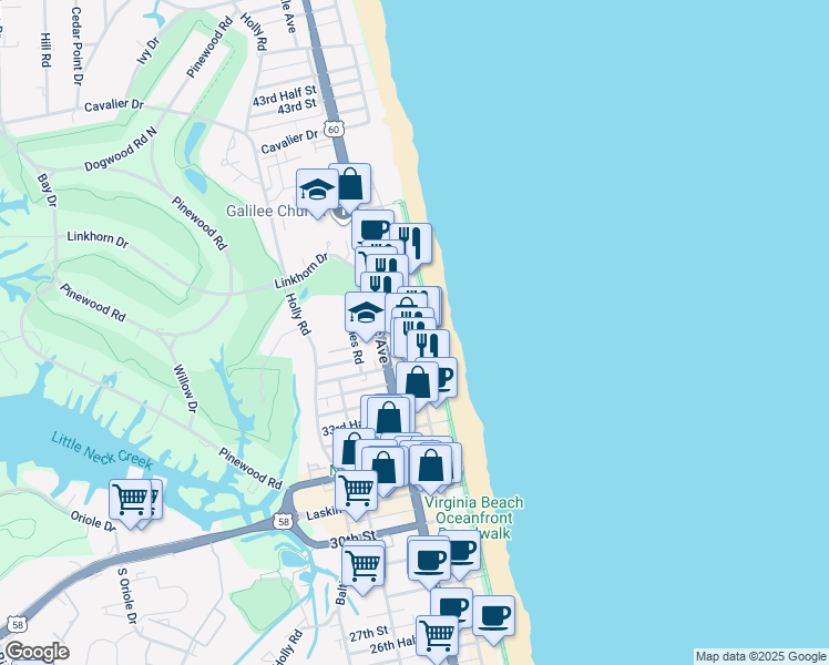 map of restaurants, bars, coffee shops, grocery stores, and more near 3615 Atlantic Avenue in Virginia Beach