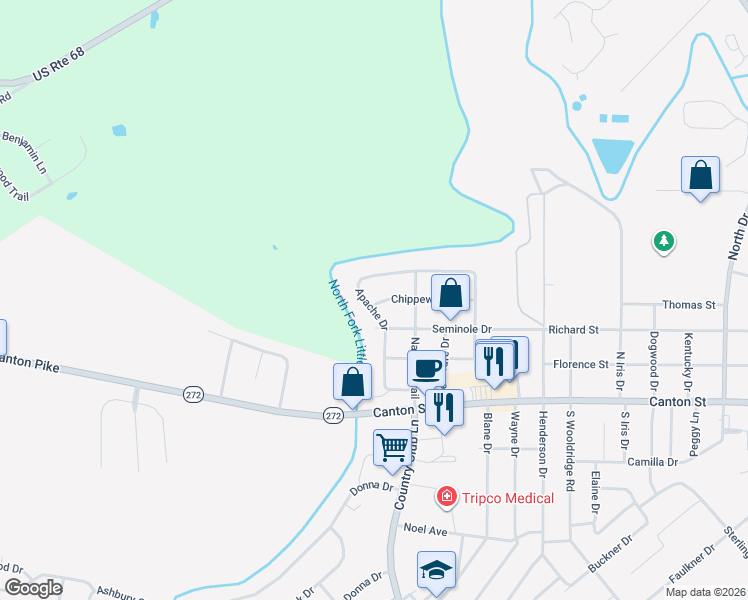 map of restaurants, bars, coffee shops, grocery stores, and more near 500 Apache Drive in Hopkinsville
