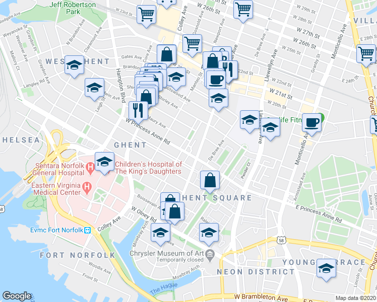 map of restaurants, bars, coffee shops, grocery stores, and more near 1200 Stockley Gardens in Norfolk
