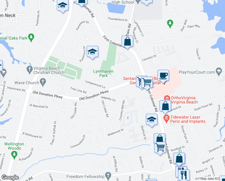 map of restaurants, bars, coffee shops, grocery stores, and more near 1851 Old Donation Parkway in Virginia Beach