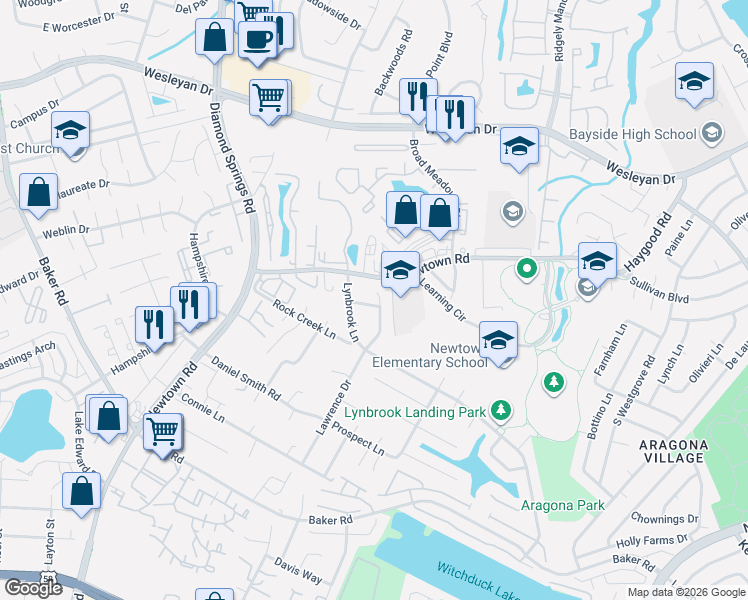 map of restaurants, bars, coffee shops, grocery stores, and more near 713 Wolftrap Lane in Virginia Beach