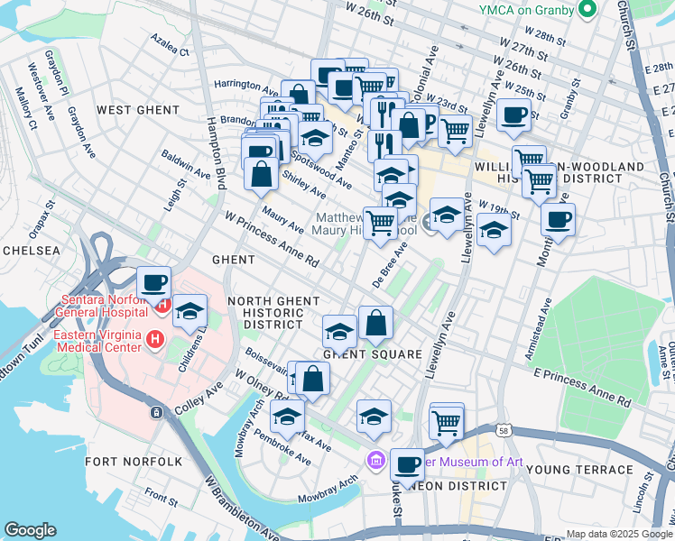 map of restaurants, bars, coffee shops, grocery stores, and more near 1200 Stockley Gardens in Norfolk