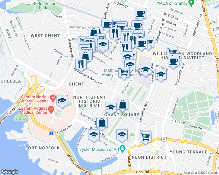 map of restaurants, bars, coffee shops, grocery stores, and more near 1206 Stockley Gardens in Norfolk