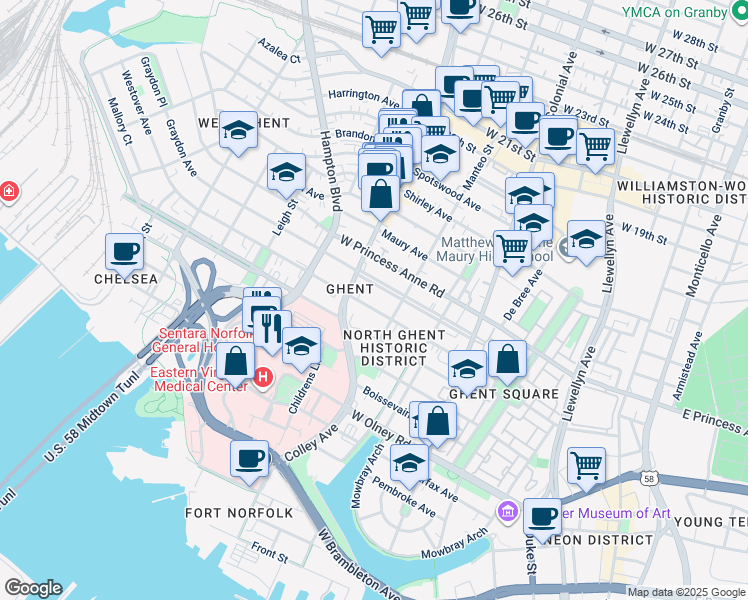 map of restaurants, bars, coffee shops, grocery stores, and more near 724 Westover Avenue in Norfolk