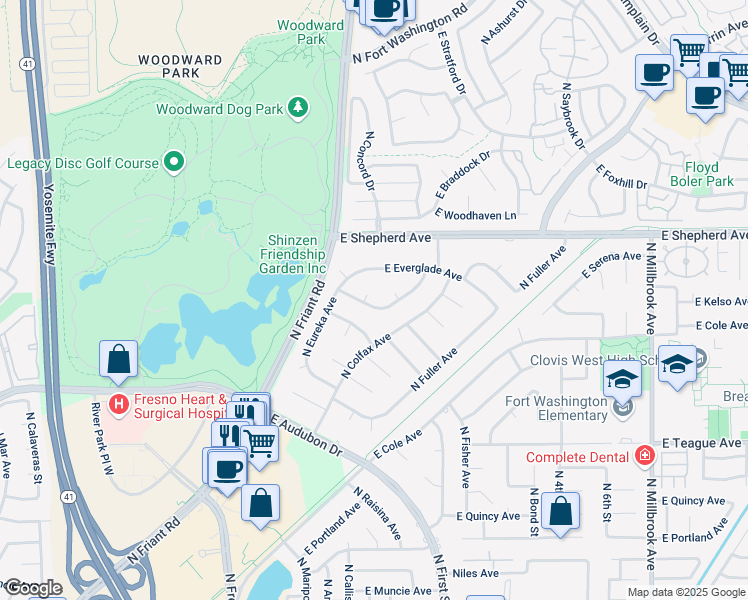 map of restaurants, bars, coffee shops, grocery stores, and more near 299 East Lester Avenue in Fresno