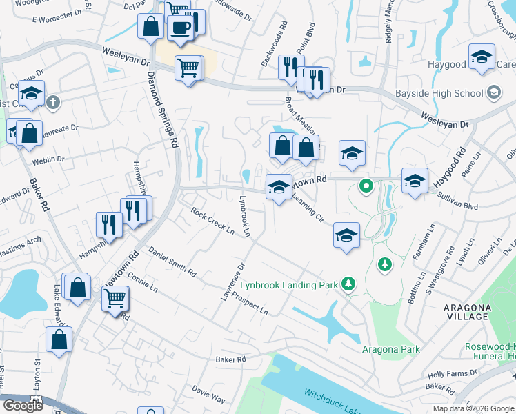 map of restaurants, bars, coffee shops, grocery stores, and more near 713 Wolftrap Lane in Virginia Beach