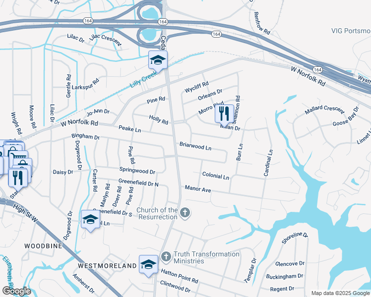 map of restaurants, bars, coffee shops, grocery stores, and more near 4944 Briarwood Lane in Portsmouth