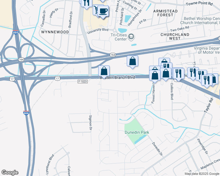 map of restaurants, bars, coffee shops, grocery stores, and more near 4712 Helensburgh Drive in Chesapeake