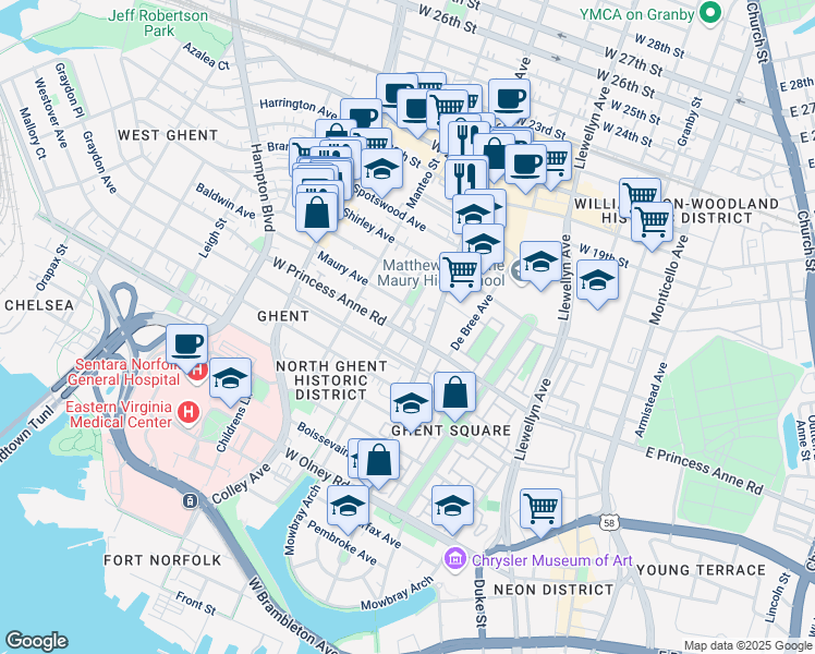 map of restaurants, bars, coffee shops, grocery stores, and more near 1210 Stockley Gardens in Norfolk