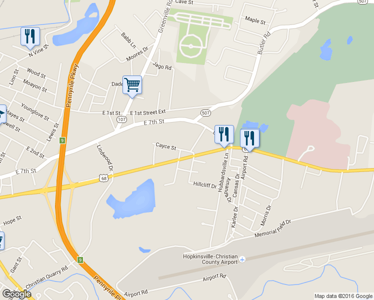 map of restaurants, bars, coffee shops, grocery stores, and more near 305 Cayce Street in Hopkinsville