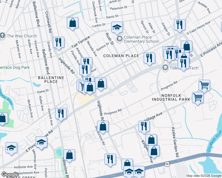 map of restaurants, bars, coffee shops, grocery stores, and more near 3502 East Princess Anne Road in Norfolk