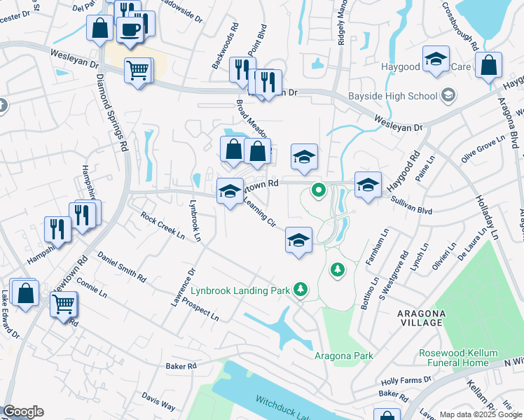 map of restaurants, bars, coffee shops, grocery stores, and more near 5434 Woburn Lane in Virginia Beach