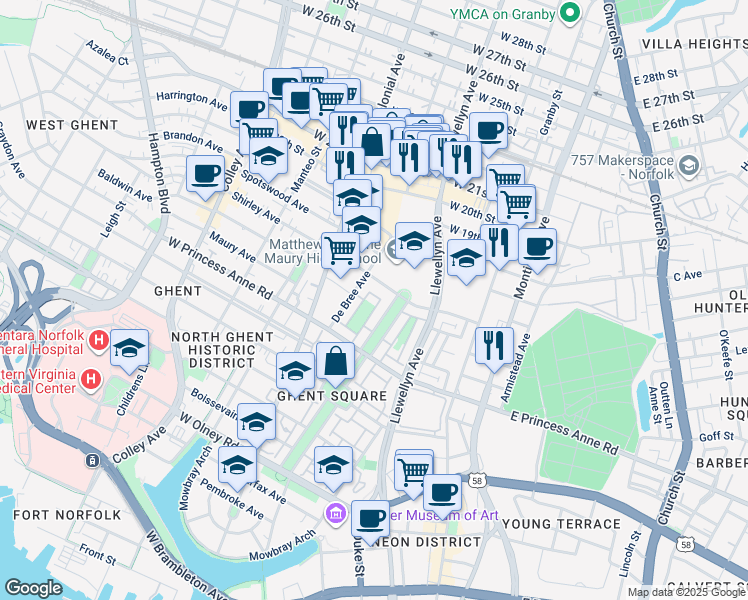 map of restaurants, bars, coffee shops, grocery stores, and more near 417 Van Wyck Mews in Norfolk