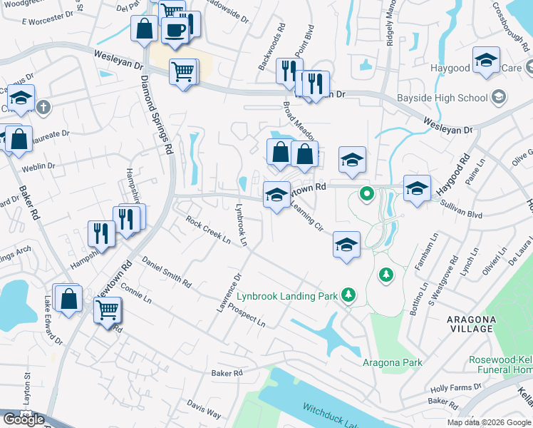 map of restaurants, bars, coffee shops, grocery stores, and more near 892 Newtown Road in Virginia Beach