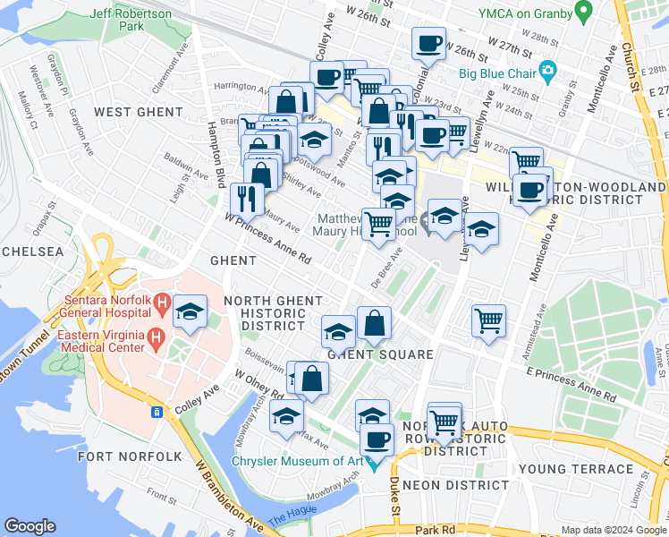 map of restaurants, bars, coffee shops, grocery stores, and more near 1207 Colonial Avenue in Norfolk