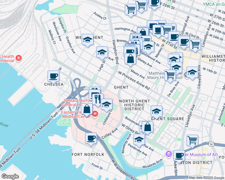 map of restaurants, bars, coffee shops, grocery stores, and more near 903 Colley Avenue in Norfolk