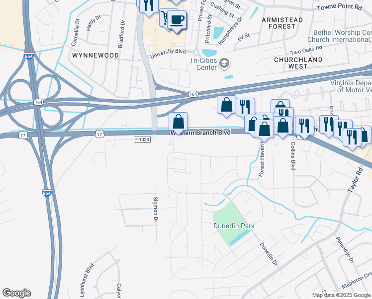 map of restaurants, bars, coffee shops, grocery stores, and more near 4712 Helensburgh Drive in Chesapeake