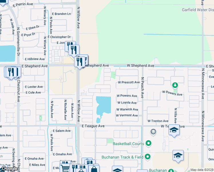 map of restaurants, bars, coffee shops, grocery stores, and more near 627 West Lisbon Lane in Clovis