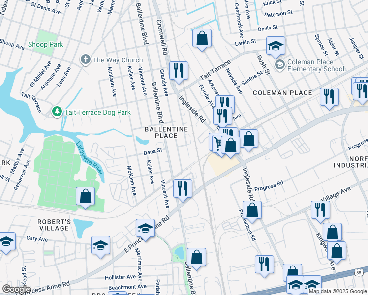 map of restaurants, bars, coffee shops, grocery stores, and more near 2343 Cromwell Road in Norfolk