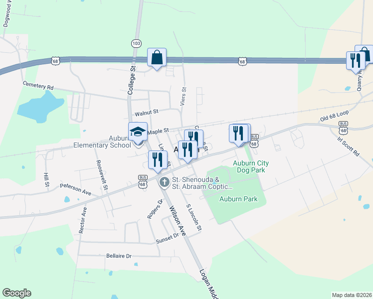 map of restaurants, bars, coffee shops, grocery stores, and more near in Auburn