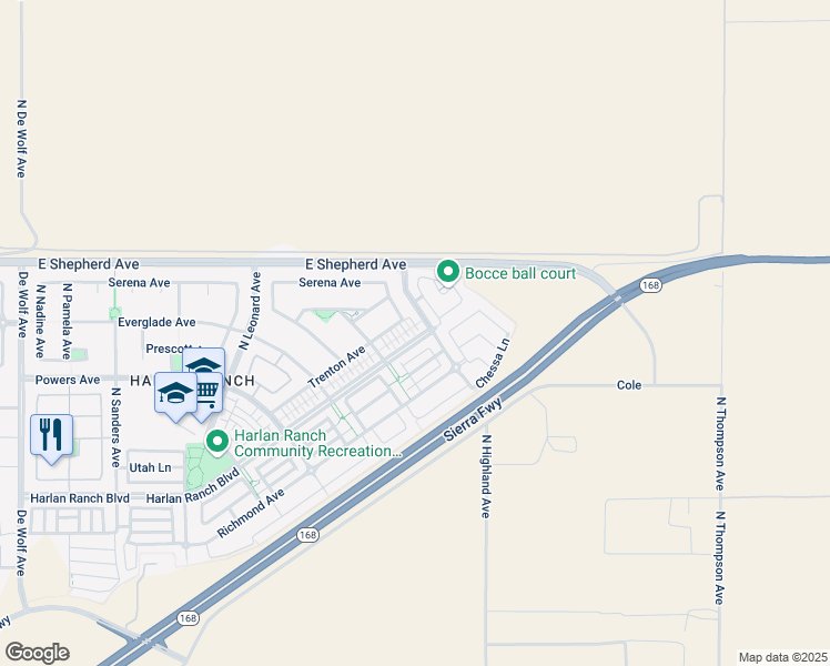 map of restaurants, bars, coffee shops, grocery stores, and more near 4179 Harlan Ranch Boulevard in Clovis