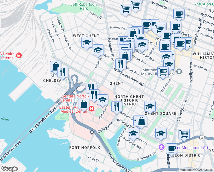 map of restaurants, bars, coffee shops, grocery stores, and more near 903 Colley Avenue in Norfolk