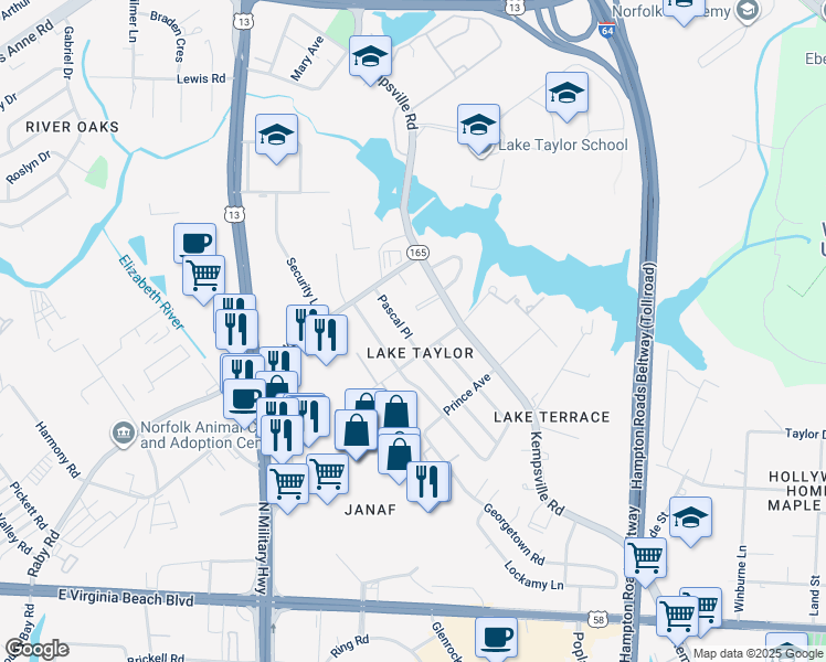 map of restaurants, bars, coffee shops, grocery stores, and more near 1208 Pascal Place in Norfolk
