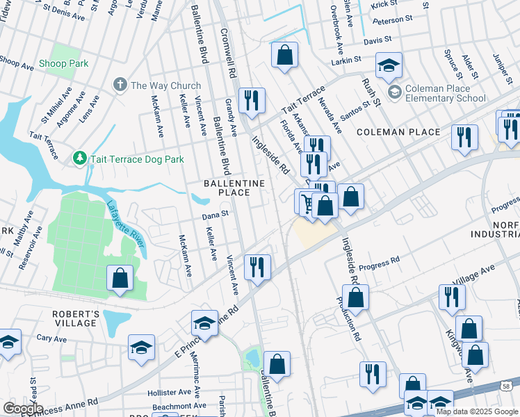 map of restaurants, bars, coffee shops, grocery stores, and more near 2340 Grandy Avenue in Norfolk