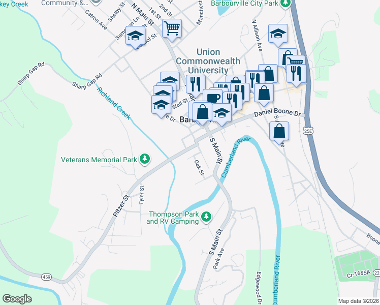 map of restaurants, bars, coffee shops, grocery stores, and more near 107 Pitzer Street in Barbourville